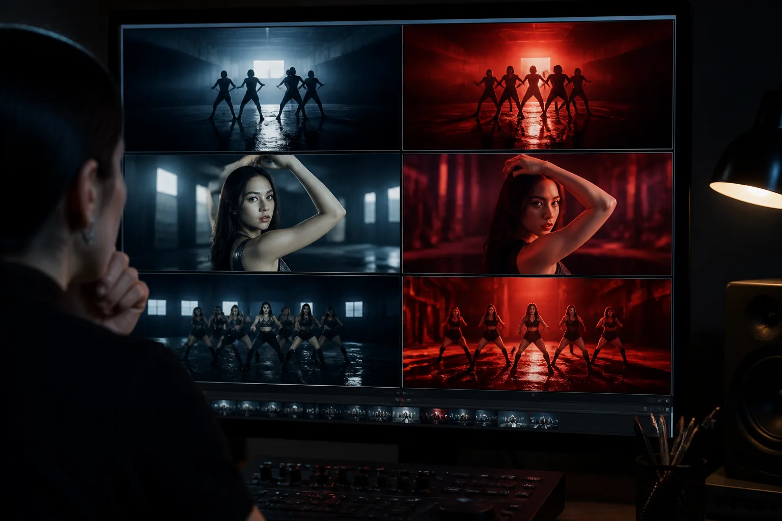 Editorial scene showing a K-pop music video production set with dance lighting