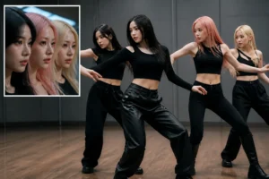 K-pop dancers rehearsing a sharp synchronized choreography in a modern studio