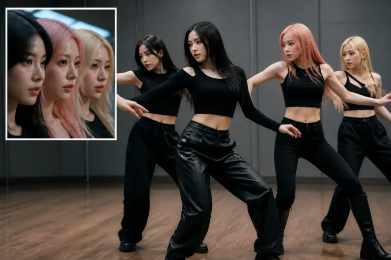 K-pop dancers rehearsing a sharp synchronized choreography in a modern studio