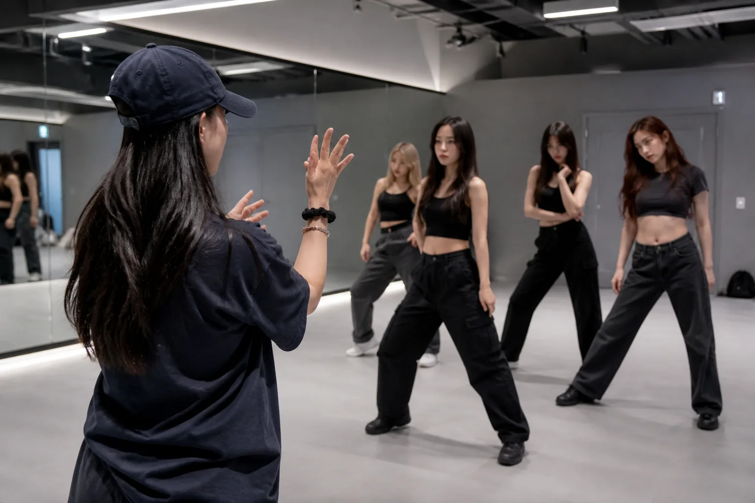 Dance choreographer directing performers during a K-pop rehearsal