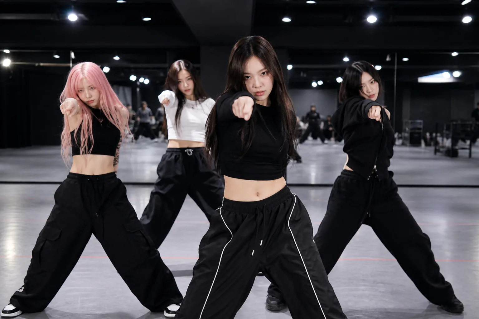 Close-up of dancers practicing a memorable synchronized movement