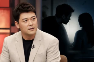 Modern Korean television talk show studio with warm lighting