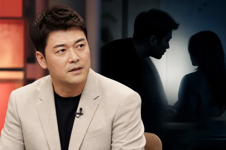 Modern Korean television talk show studio with warm lighting