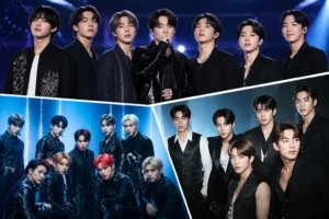 K-pop boy group performing under bright concert lights