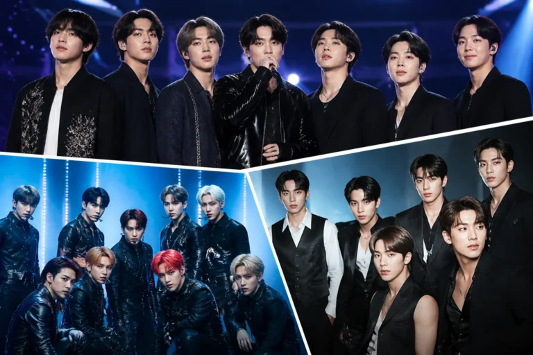 K-pop boy group performing under bright concert lights
