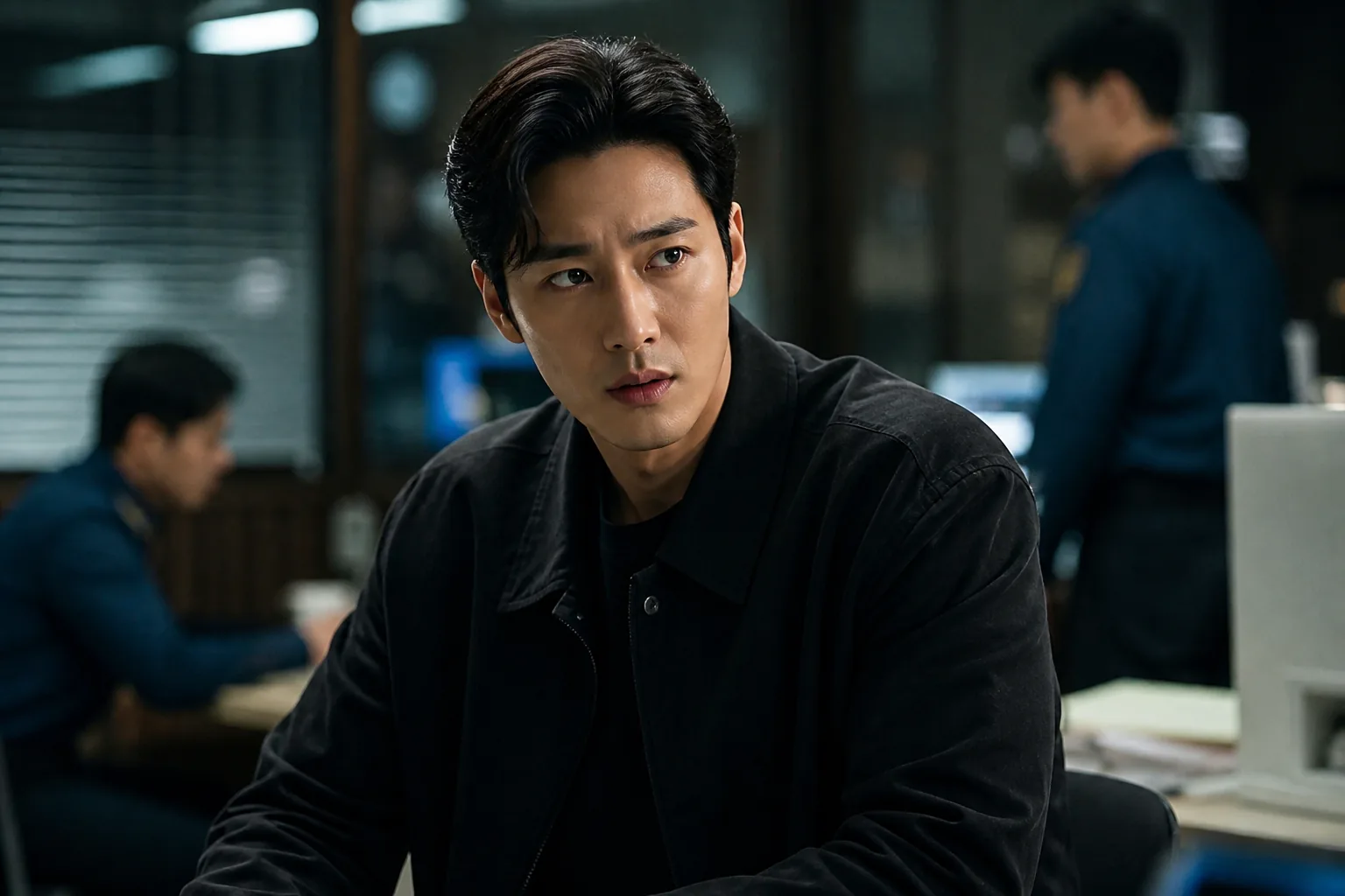 Detective reviewing evidence in a contemporary Korean police investigation setting