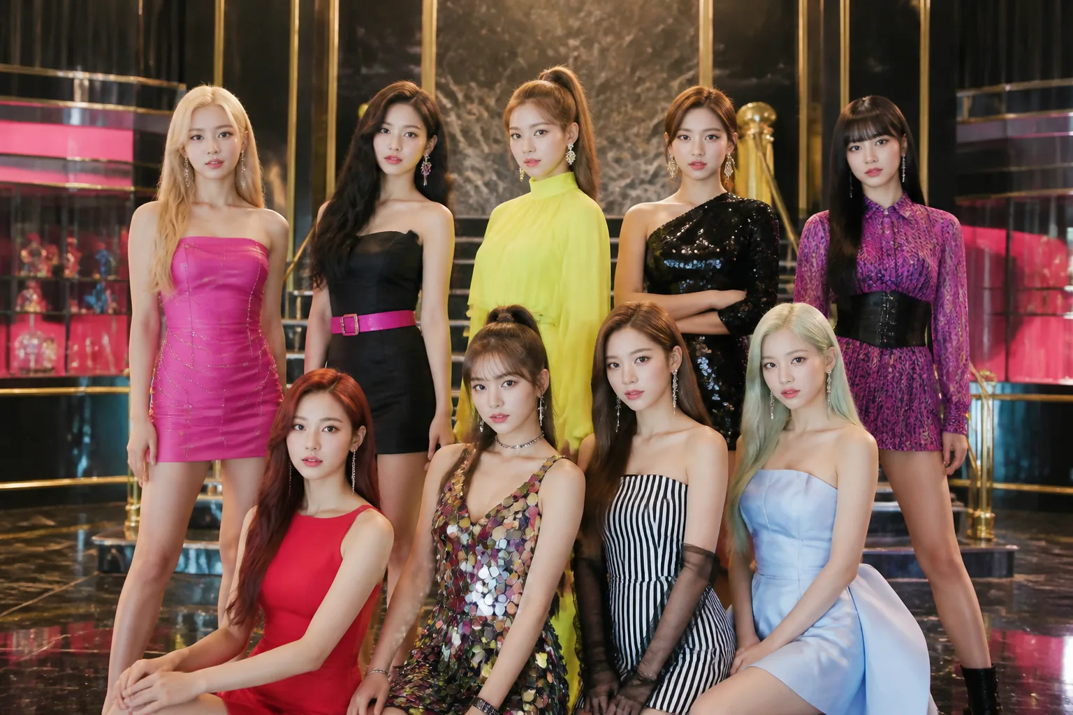Editorial performance scene representing the colorful energy of TWICE’s FANCY era