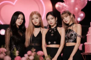 Four performers celebrate a K-pop group anniversary on a softly lit stage