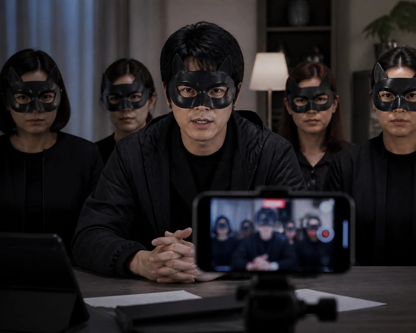 Masked apartment residents preparing a livestream in a modern Korean apartment community room