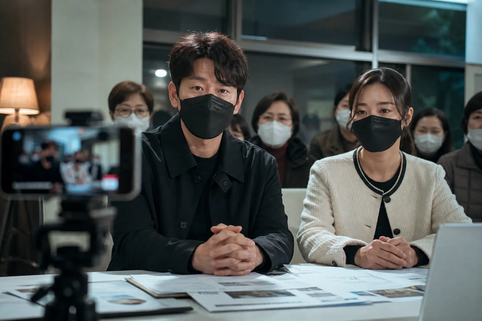 Dramatic late-night livestream setup with documents and anonymous masks