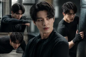 Editorial illustration of a Korean action drama production set