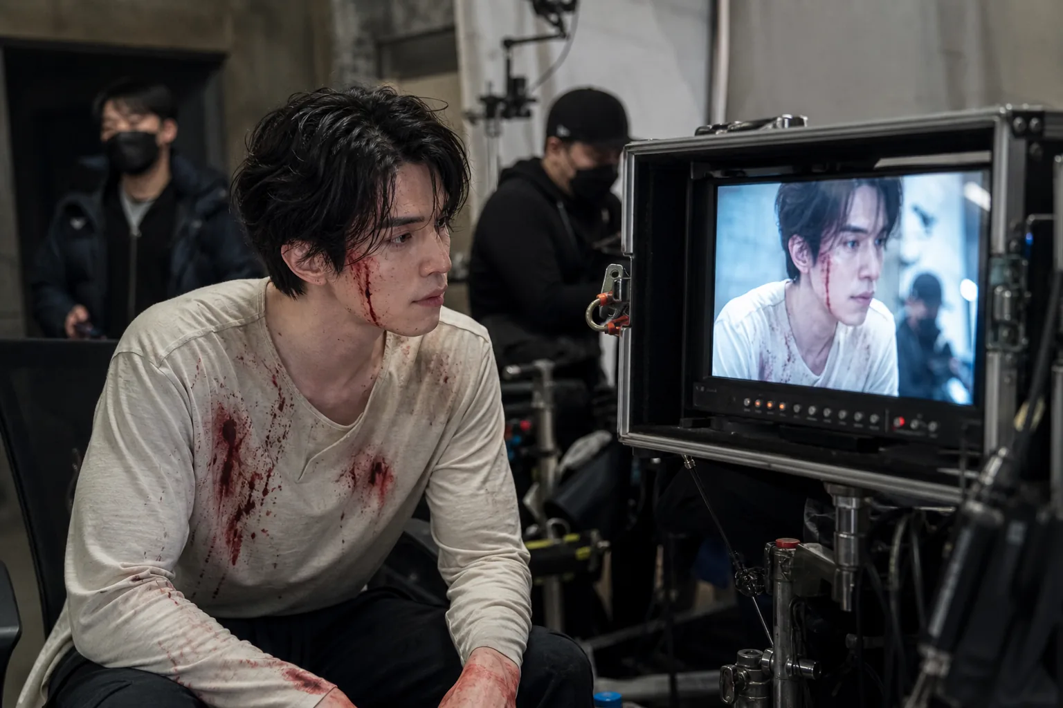 Cinematic Korean thriller set with action rehearsal equipment