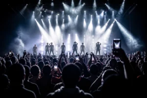 Concert crowd gathered beneath stage lights at a K-pop performance