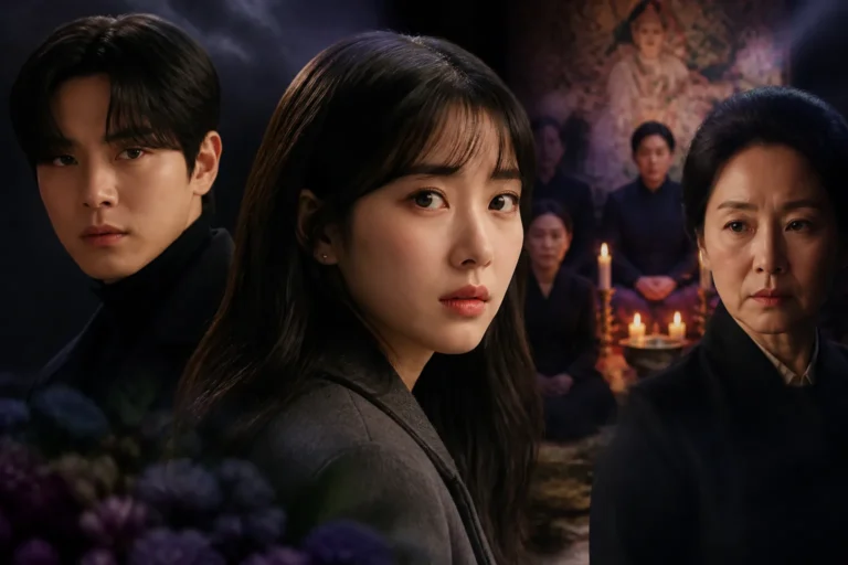 Korean occult romance drama scene with a woman meeting a family elder
