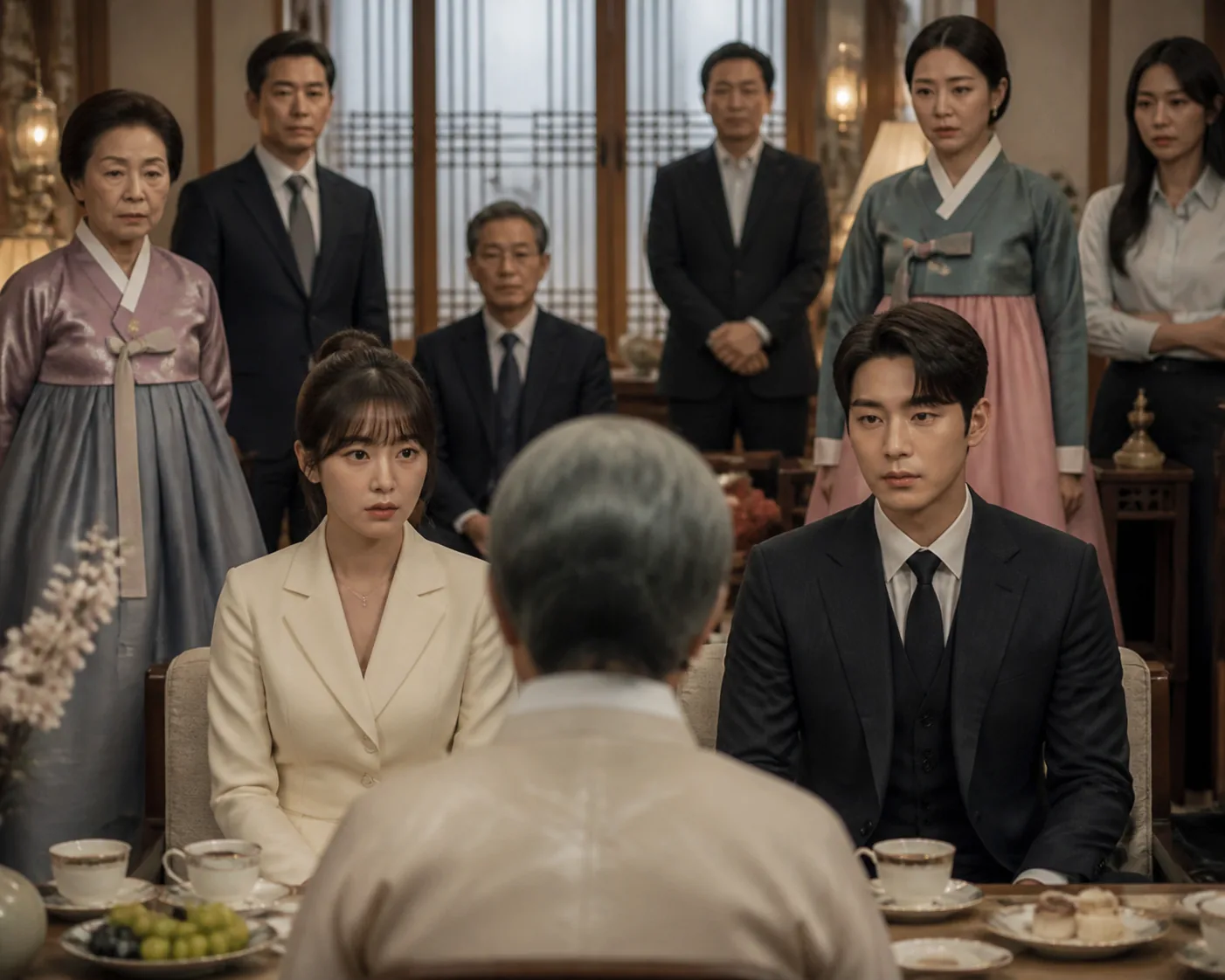 Stylized Korean drama scene of a tense family introduction at home