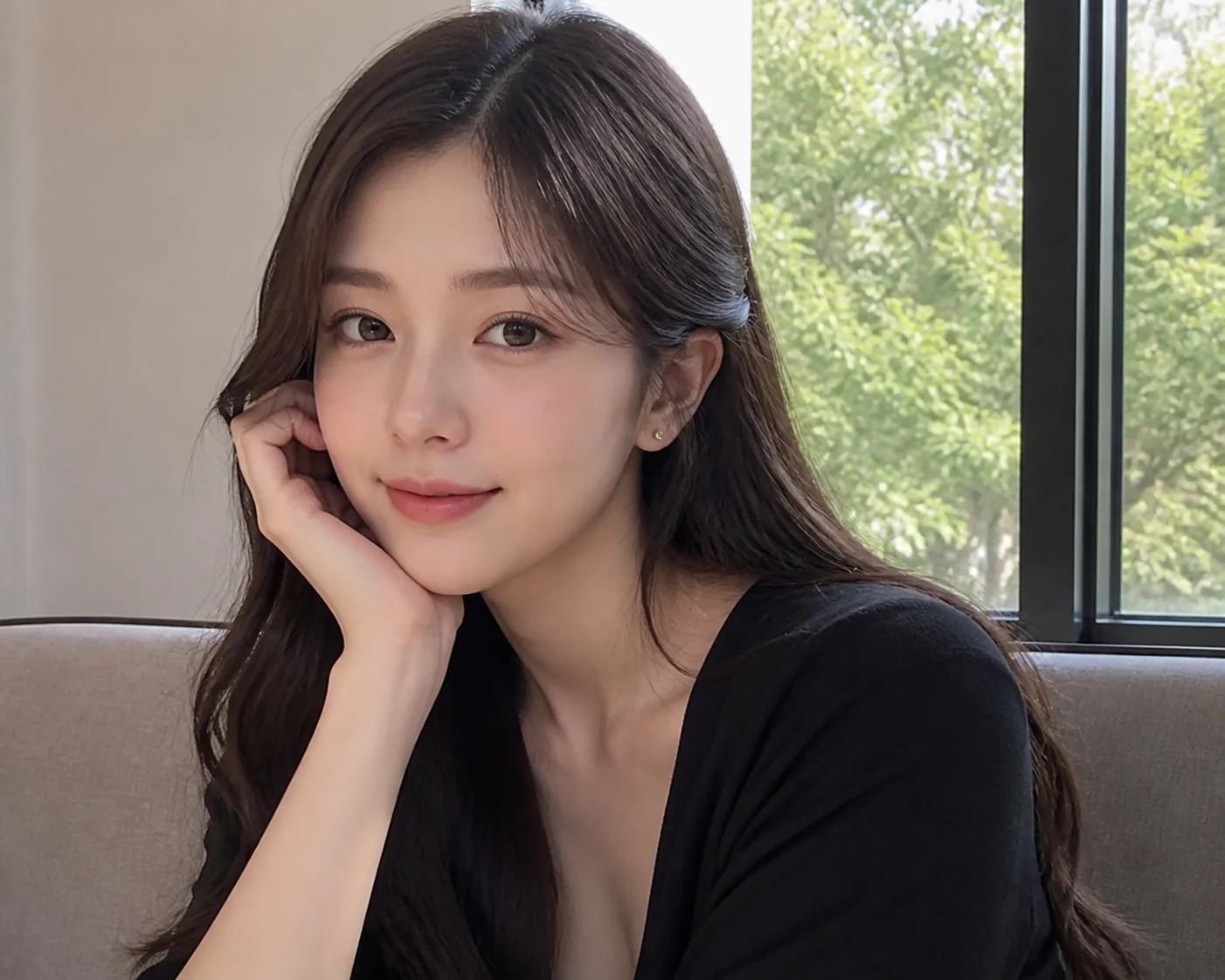 Editorial image of a young Korean actress browsing sunglasses in a summer boutique