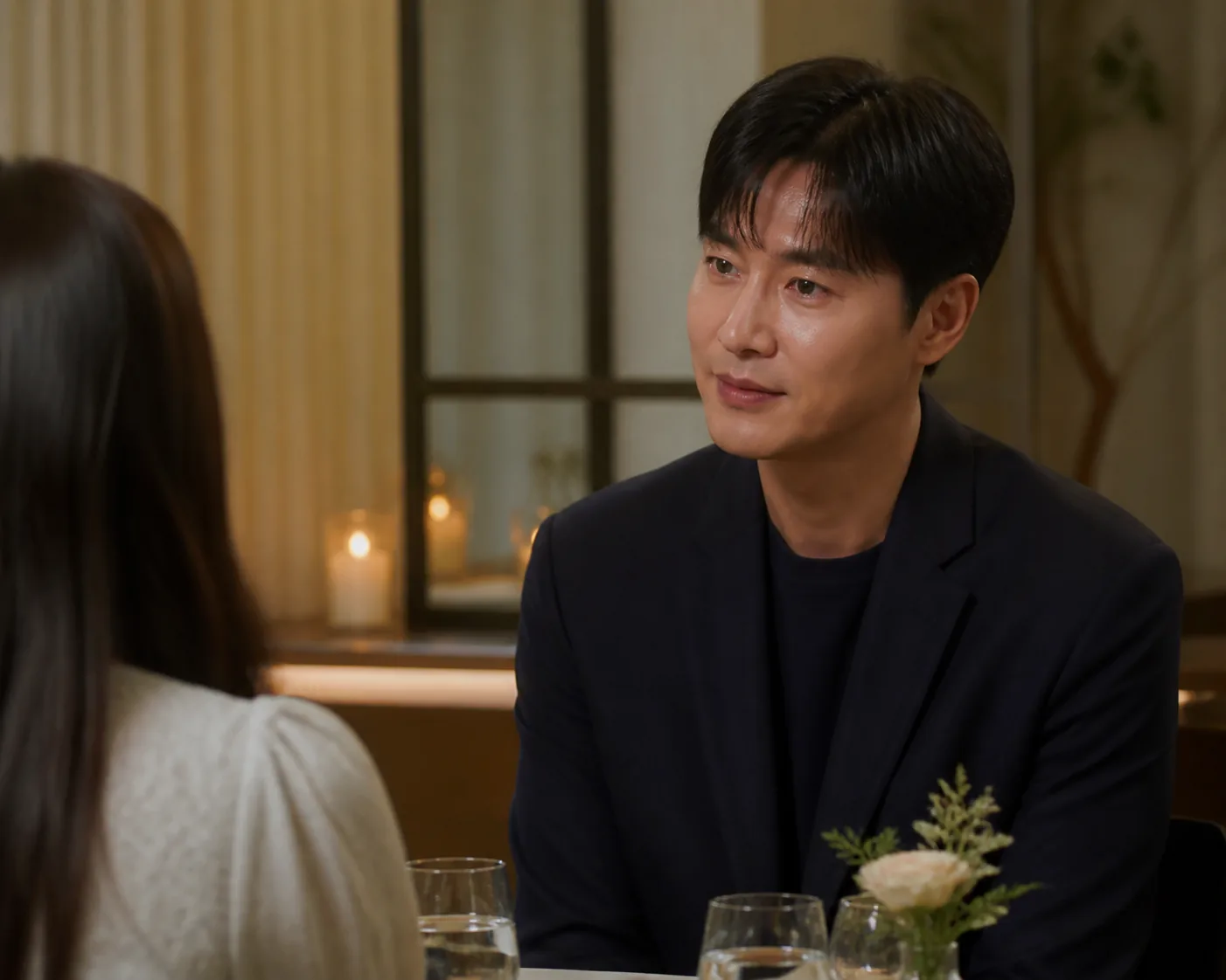 Warm Korean cafe conversation between two adults meeting for a date