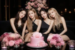 Four performers standing together under concert lights for a K-pop anniversary celebration