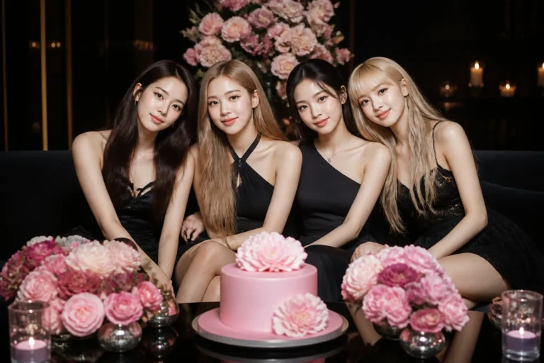 Four performers standing together under concert lights for a K-pop anniversary celebration