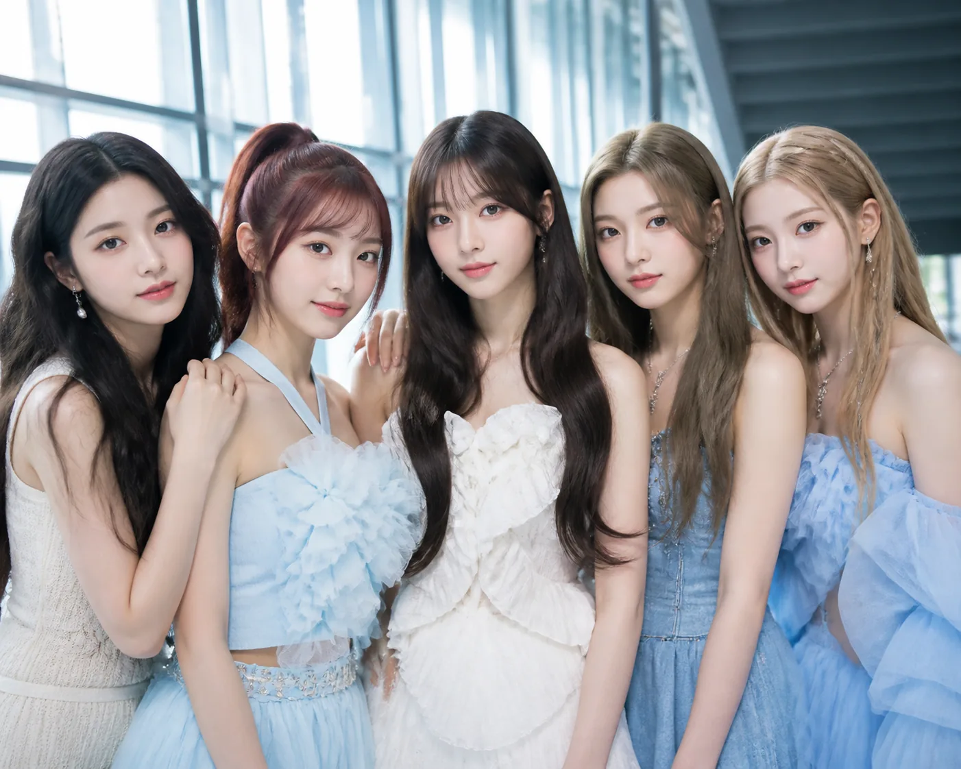 Editorial visual of a K-pop girl group performing under stage lights
