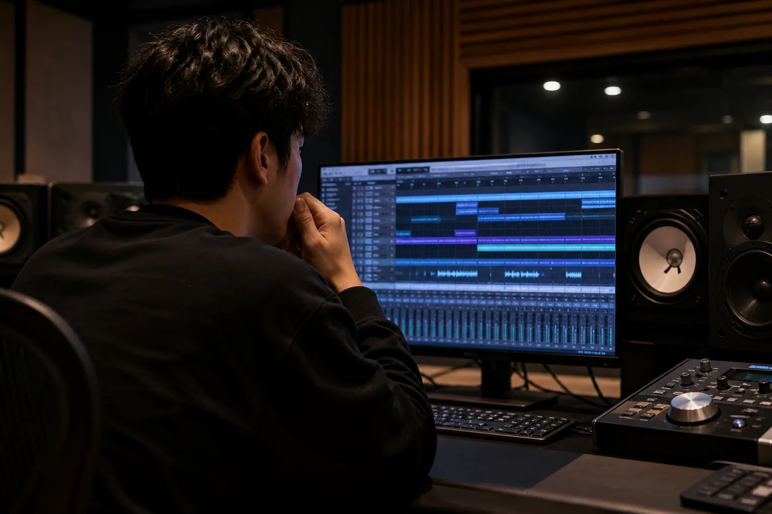 Music producer comparing audio waveforms in a professional studio