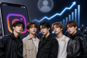 Editorial illustration of a K-pop group's global social media milestone