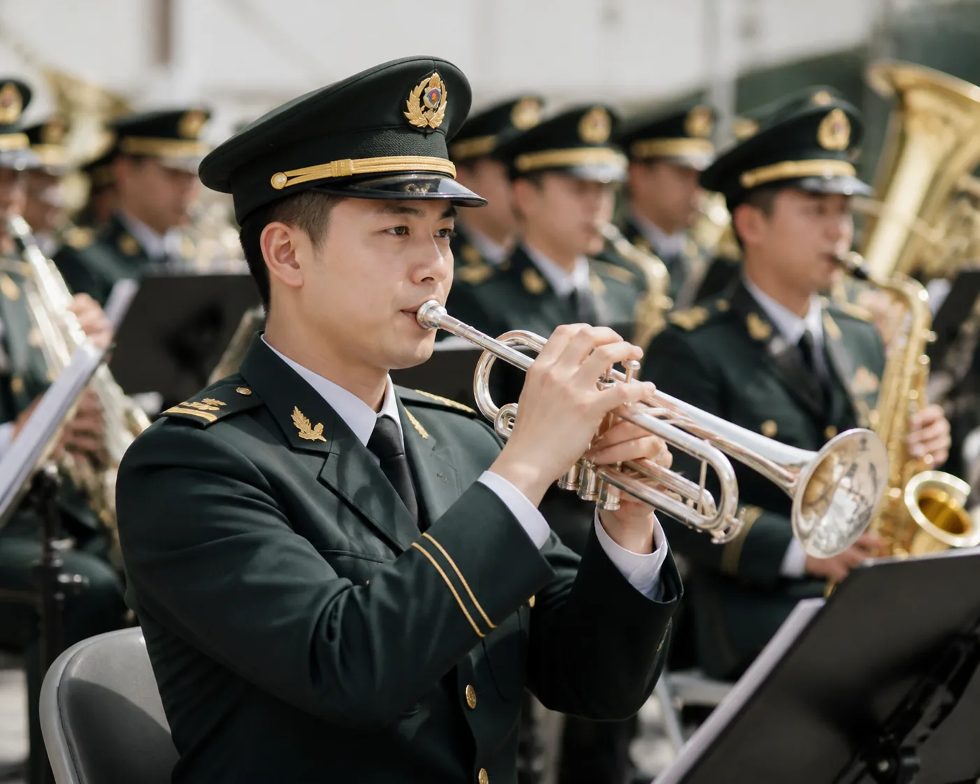 Editorial visual of a ceremonial military band preparing for a performance