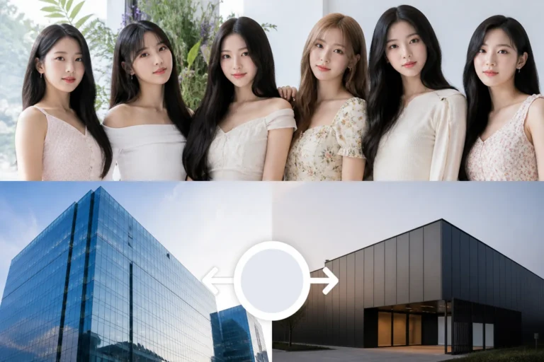 Modern music company offices representing RBW's K-pop label restructuring