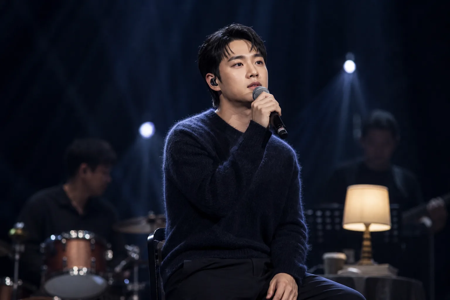 Solo vocalist performing in an intimate theater with warm lighting