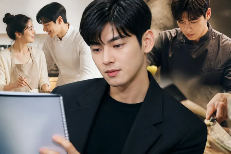 Elegant Korean actor in a cinematic cooking romance drama setting
