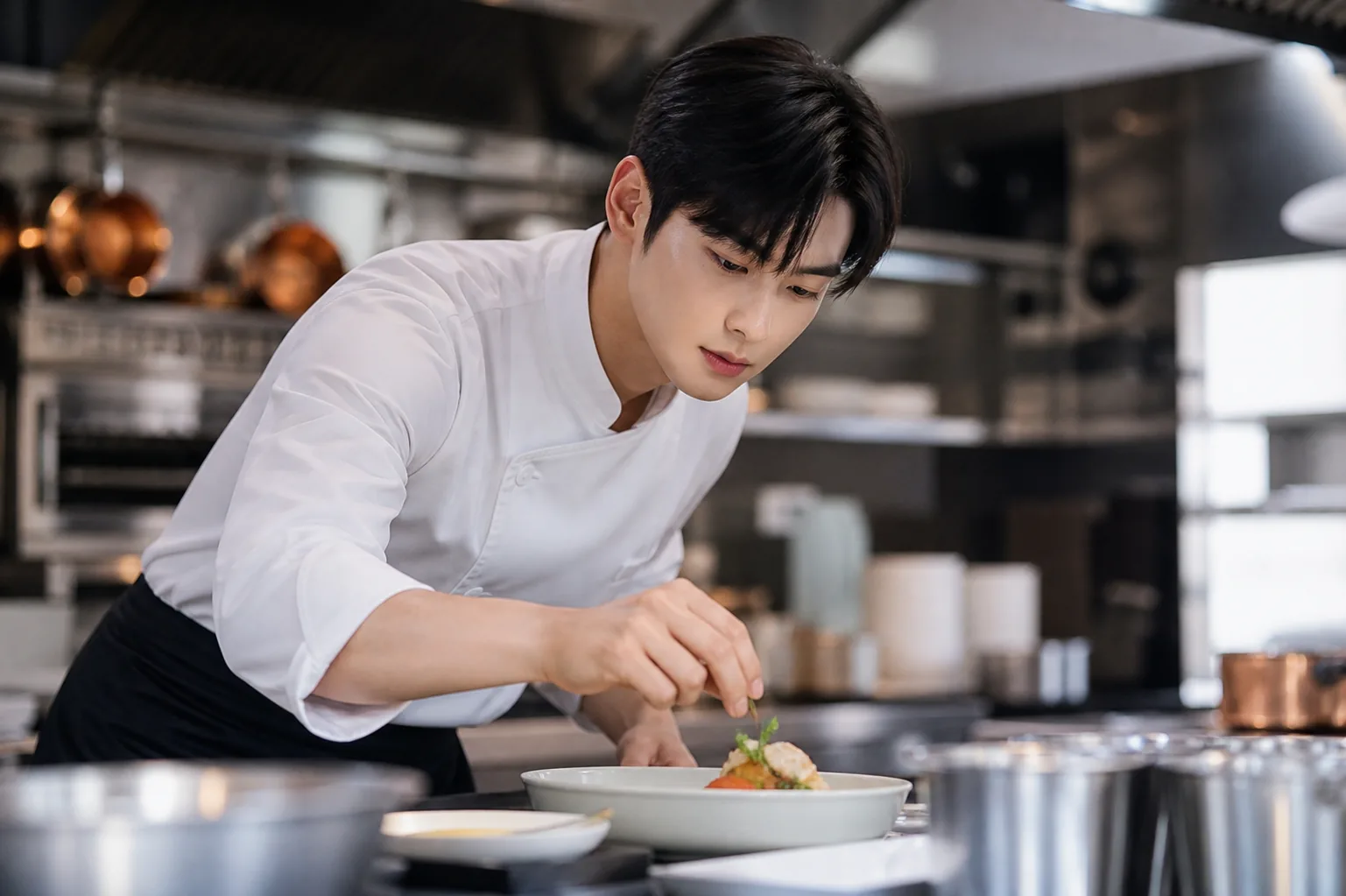 Professional kitchen prepared for a cinematic Korean romance drama