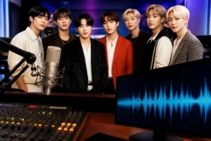 Editorial visualization of BTS music reaching U.S. pop radio