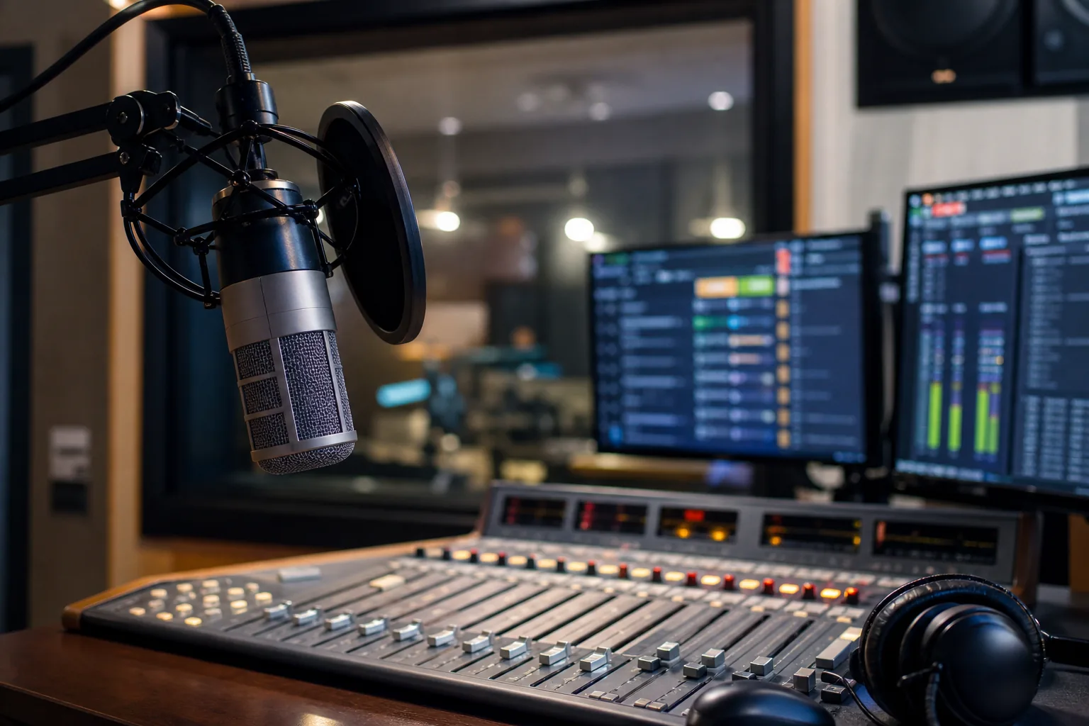 Modern radio studio broadcasting a Korean pop song across the United States