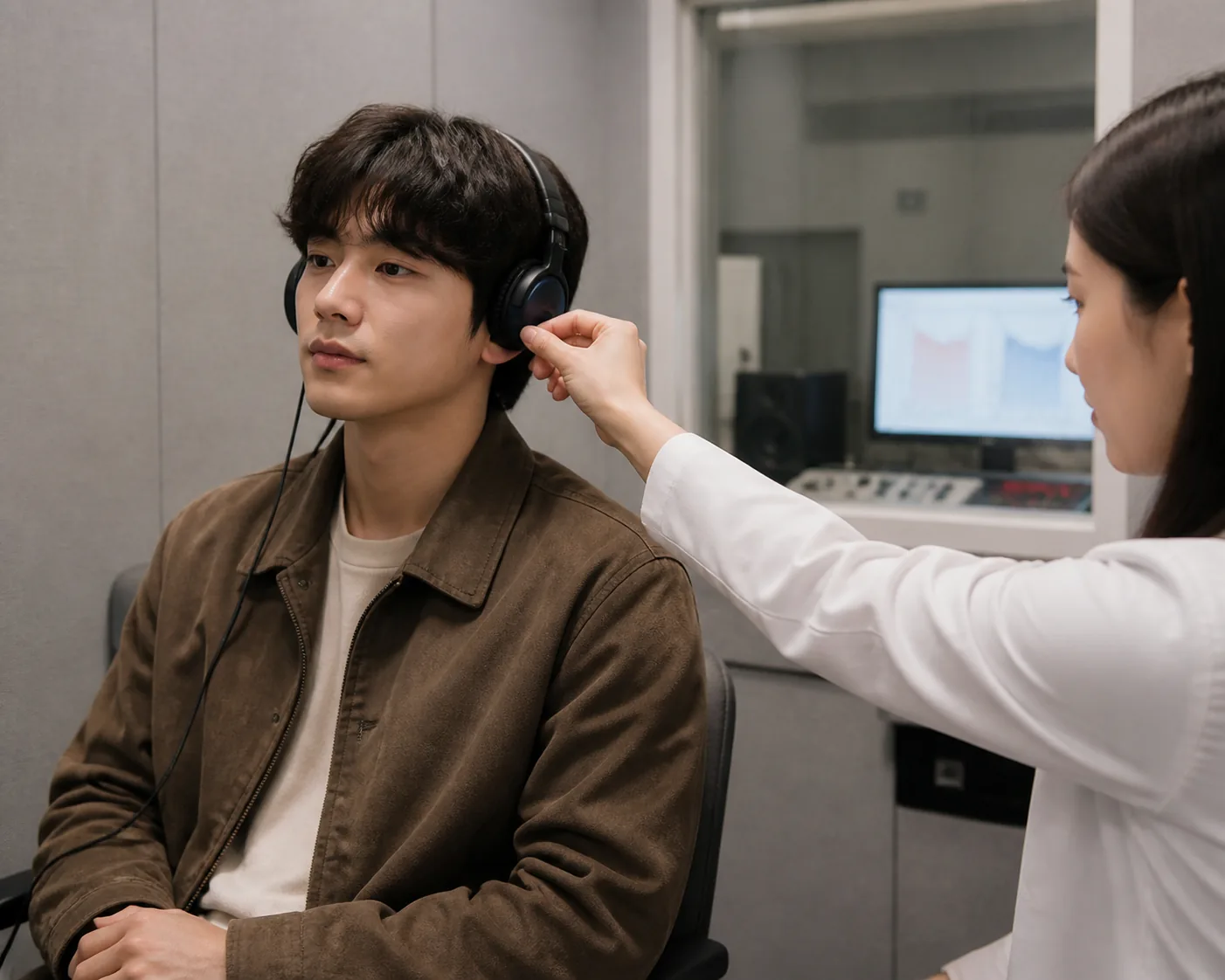 Performer discussing a hearing concern in a quiet recording studio
