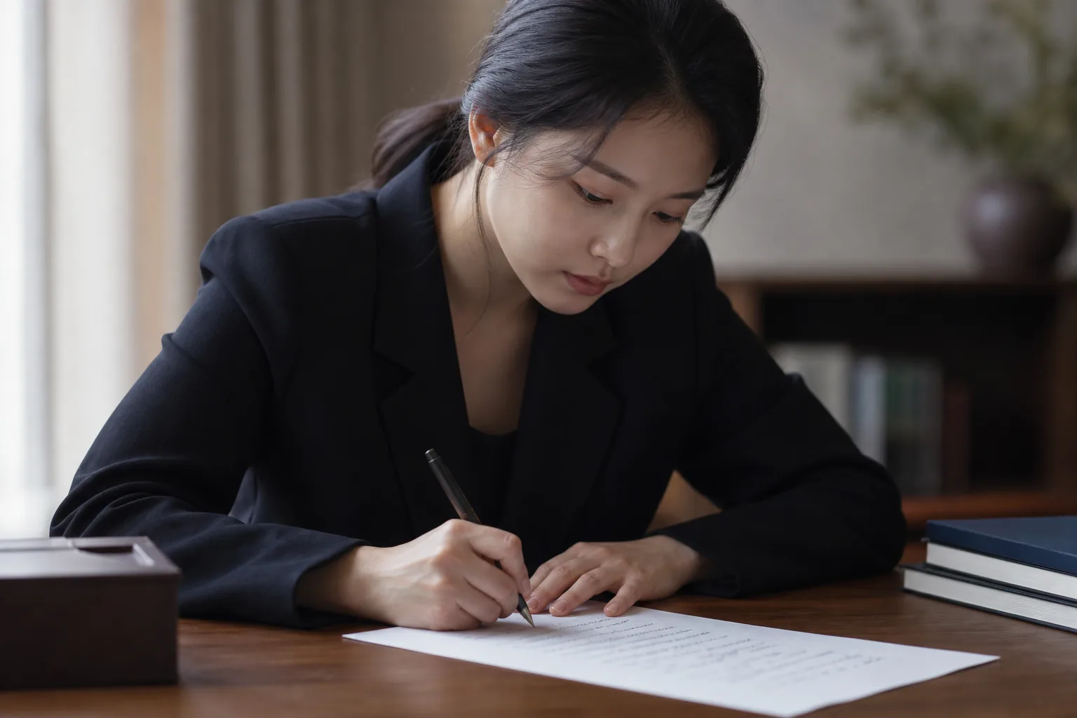 Quiet desk with Korean historical materials symbolizing reflection and accountability