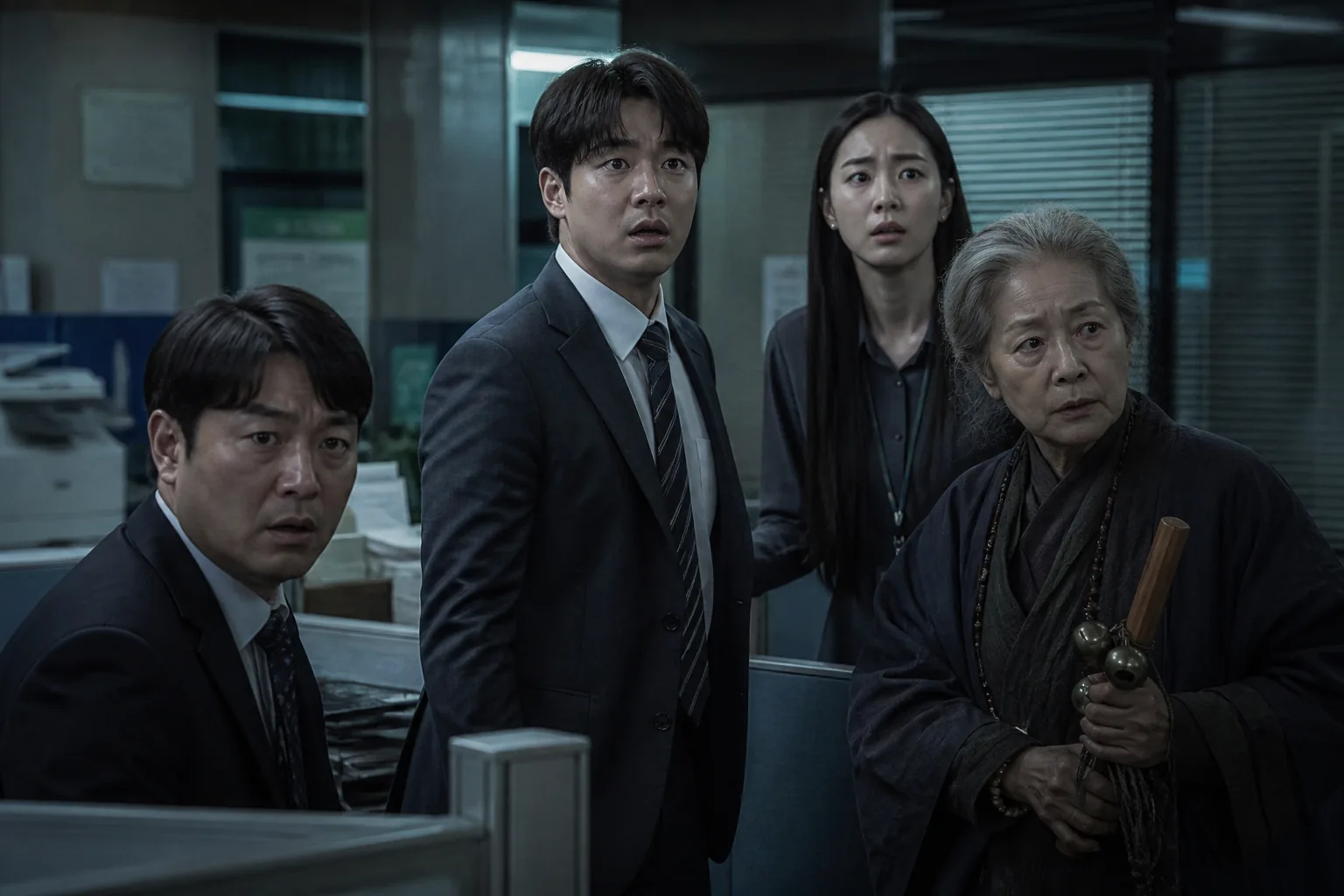 Office team preparing improvised defenses during a supernatural comedy adventure