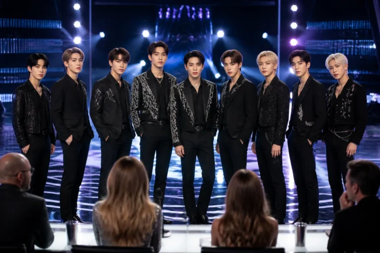 Editorial image of a K-pop group preparing for a live American television performance