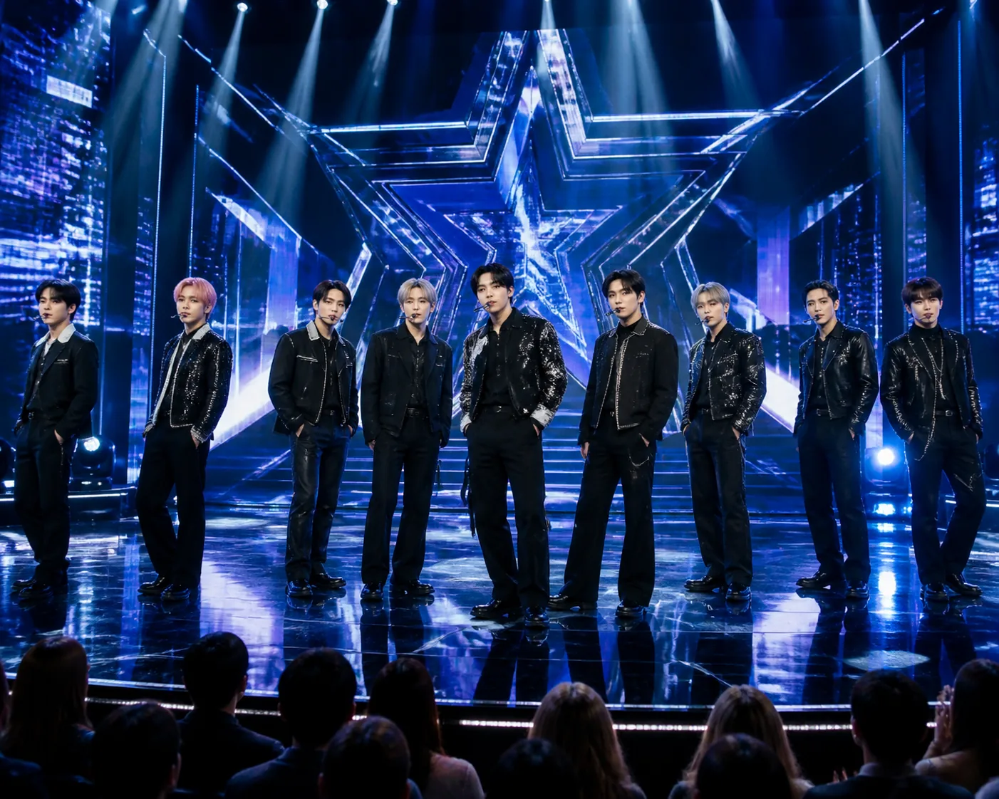K-pop performers rehearsing under bright lights on an American television stage