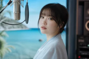 Editorial illustration of a Korean female vocalist recording a bright summer pop remake