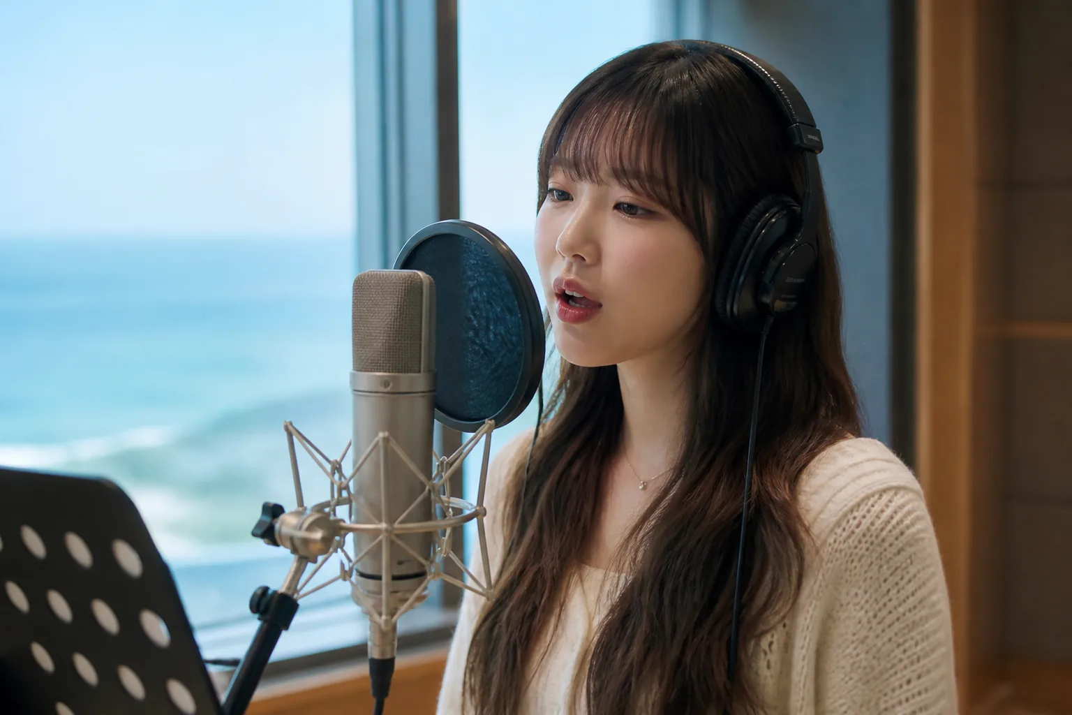 Female vocalist recording a fresh summer pop song in a bright studio