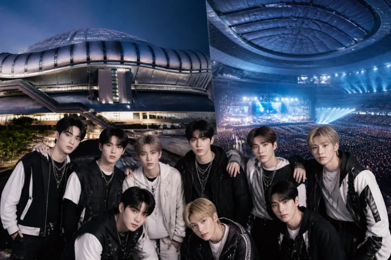 Rookie K-pop boy group performing on a fashion and entertainment stage inside an Osaka dome