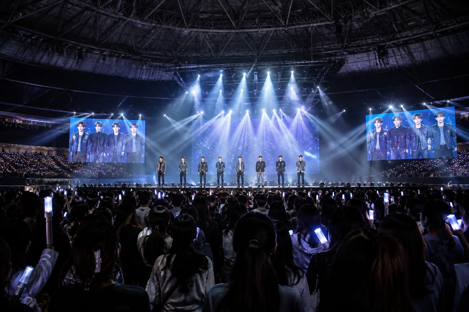 K-pop performers rehearsing beneath runway lights in a large indoor stadium