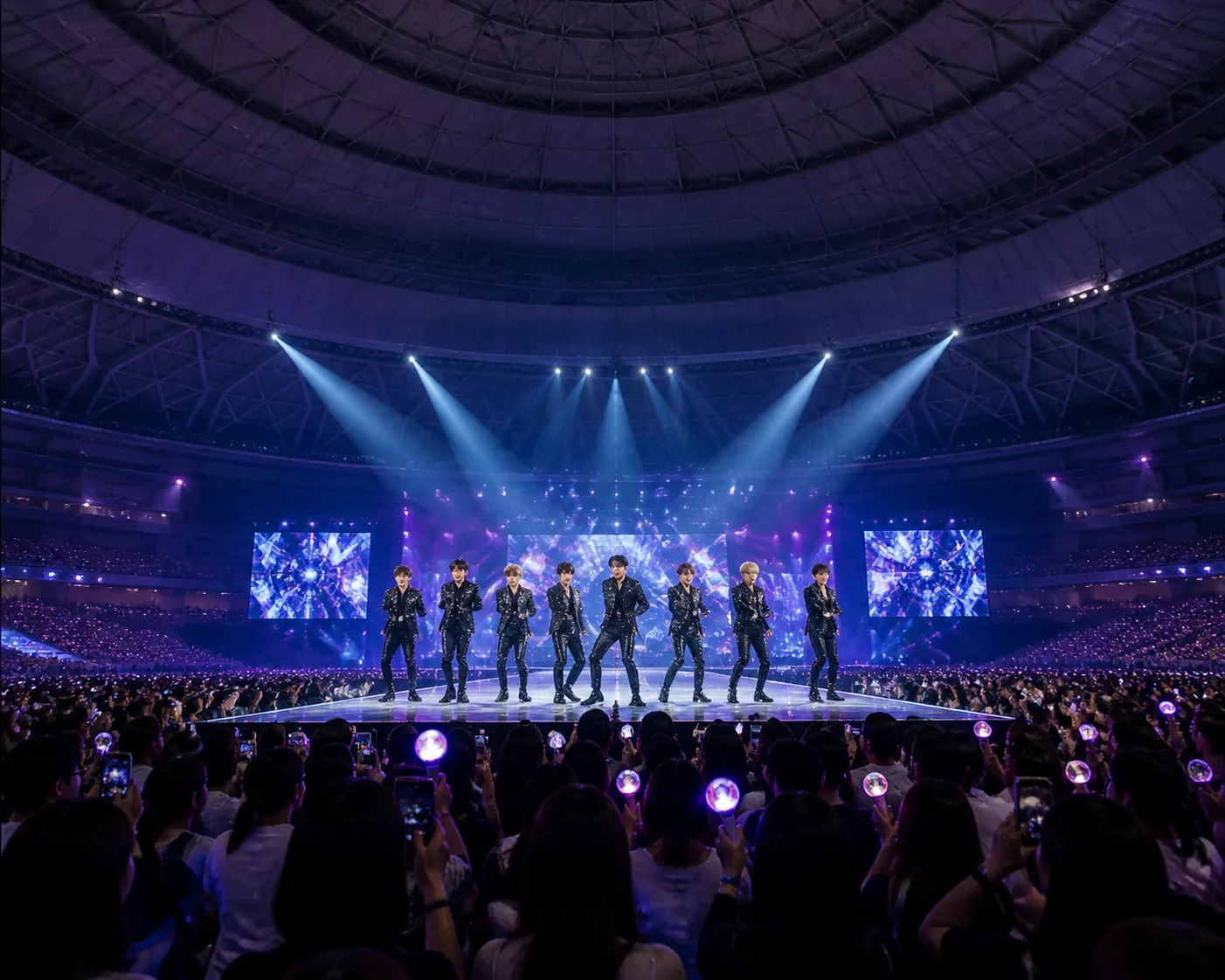 Large Japanese dome audience watching a combined concert and fashion runway event