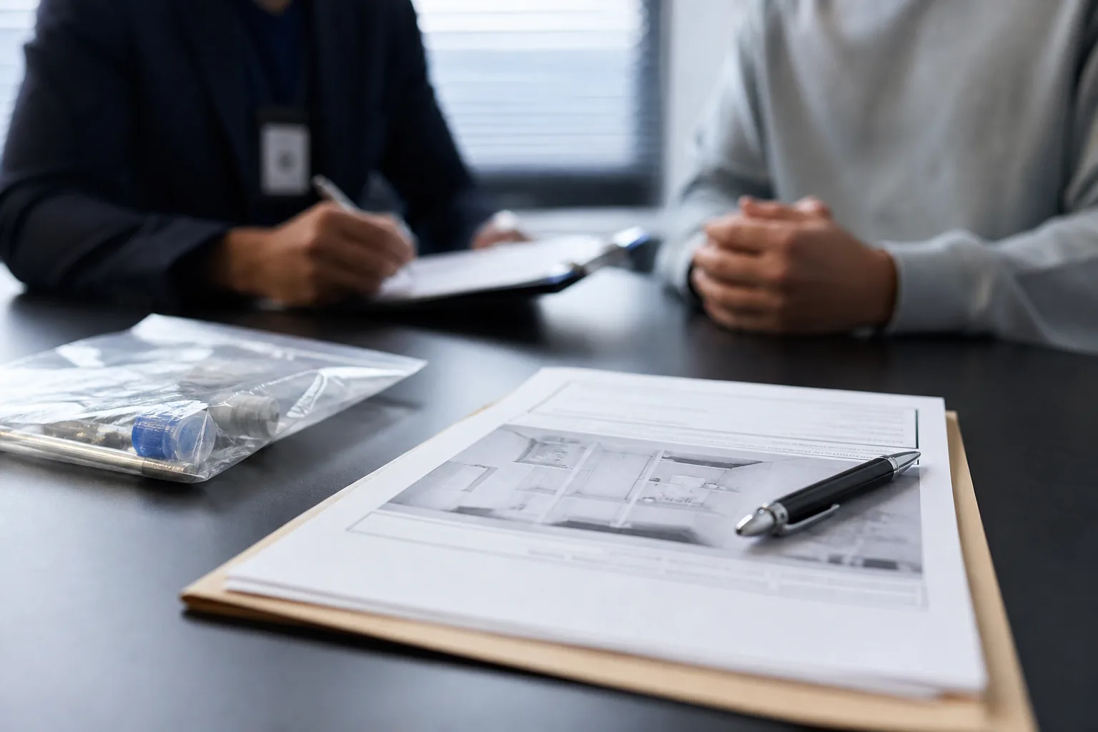 Police interview room and sealed case file symbolizing an unresolved medical licensing inquiry