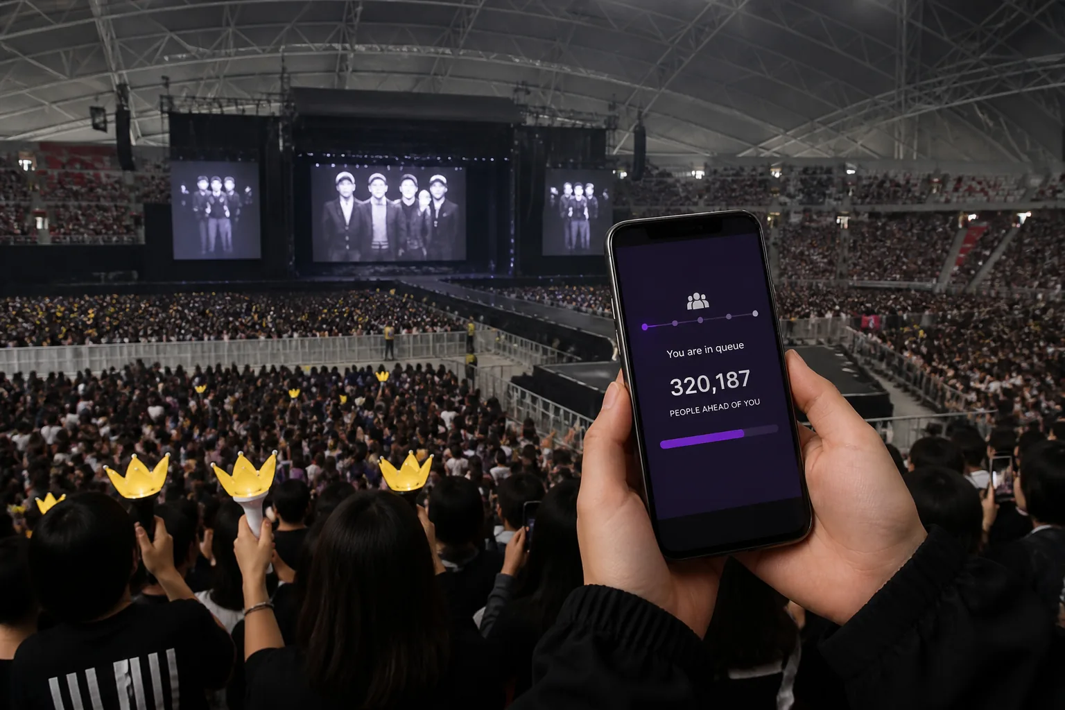 Large virtual ticket queue displayed beside a packed stadium