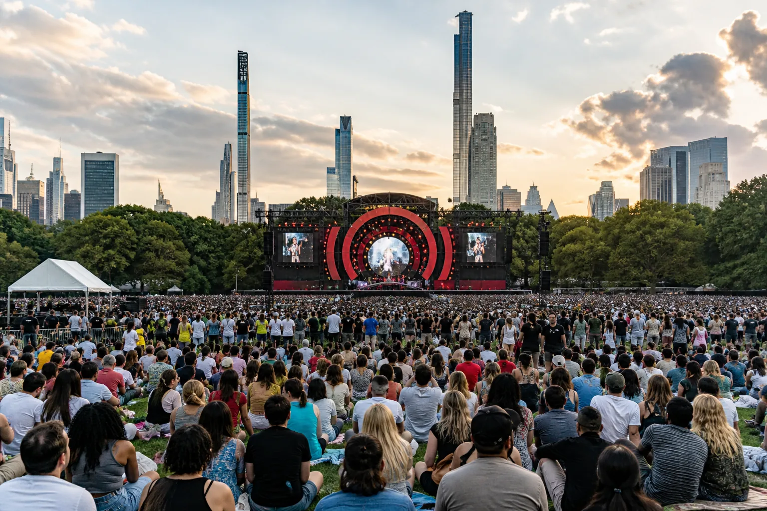 Five-member K-pop group performing on an outdoor Central Park festival stage