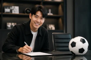 Editorial visualization of footballer Lee Kang-in joining THEBLACKLABEL for management