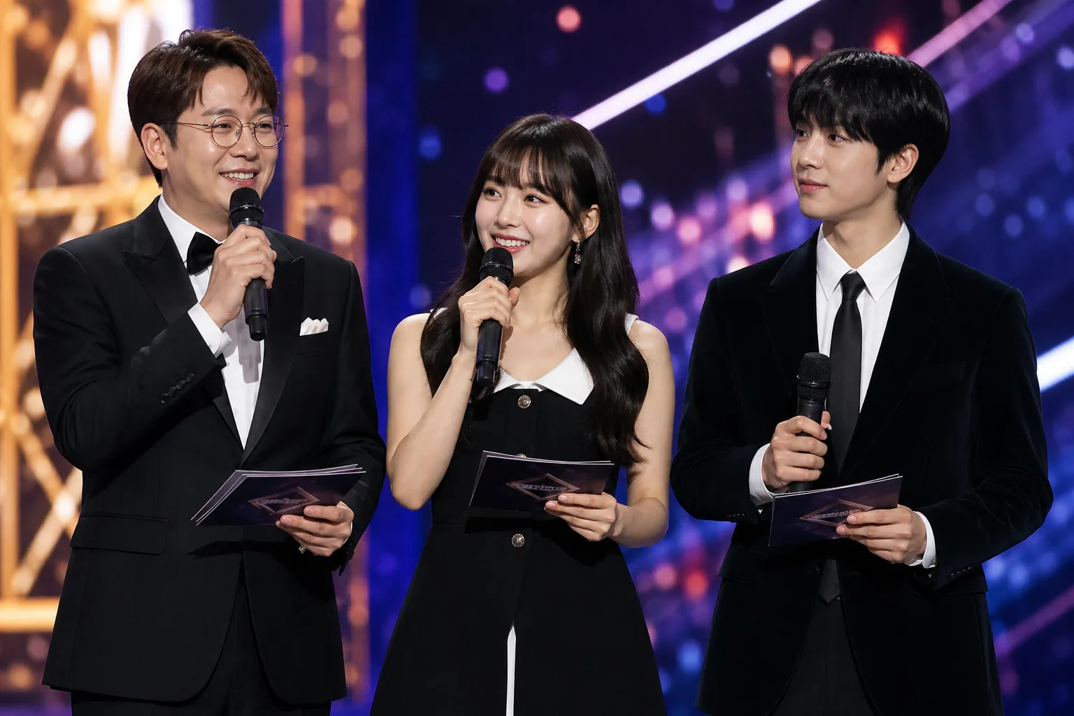 Three hosts preparing to lead a modern K-pop awards ceremony