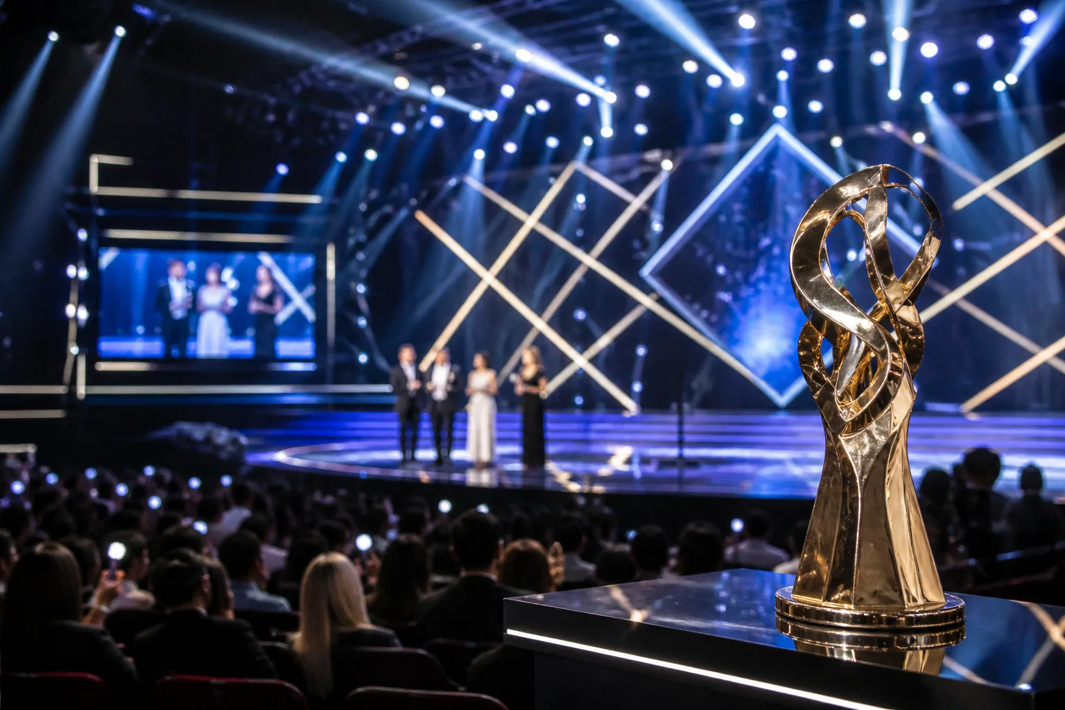Presenters approaching a brightly lit awards stage at a large venue