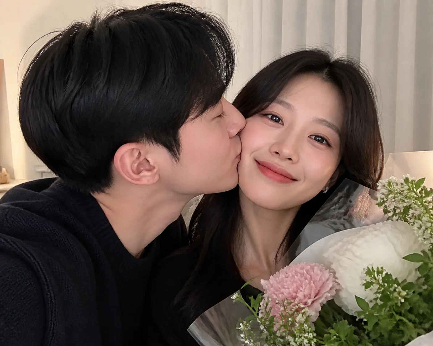 Couple sharing a quiet affectionate moment for a social media relationship reveal